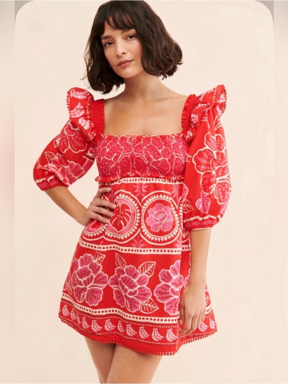 FARM Rio Summer Sunrise Smocked Mini Dress with Puff Sleeves